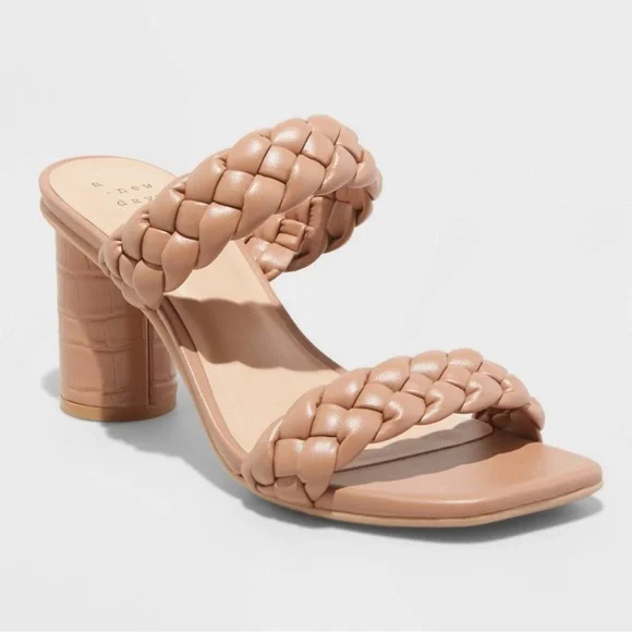 Leather braided mule sandal heels nude 6.5 - Picture 1 of 8